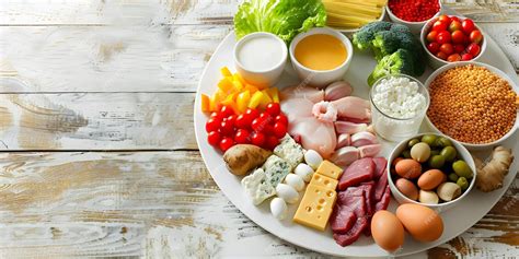 Imagen de alimentos saludables y equilibrados, incluyendo granos enteros, proteínas magras y verduras.