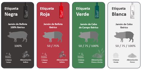 Etiquetas de colores del jamón ibérico (negra, roja, verde, blanca) y su significado.