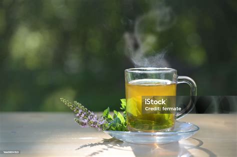 Taza de té verde humeante con hojas de menta fresca al lado.