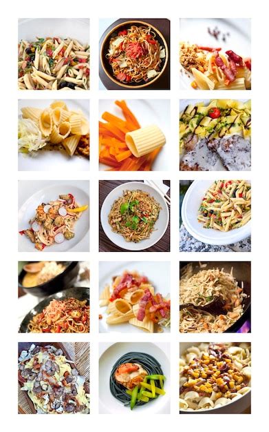 collage de fotos de platos de pasta y hamburguesas apetitosas