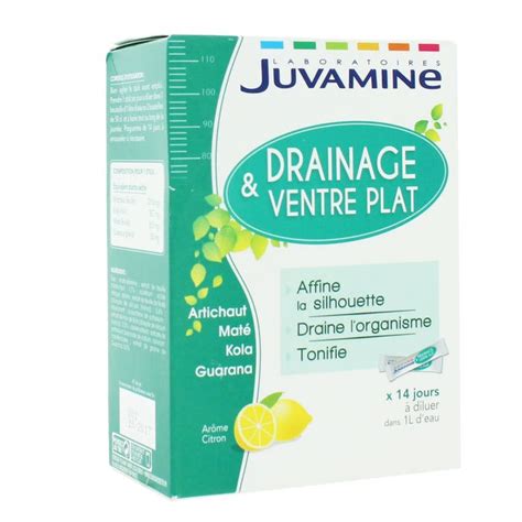 Ilustración mostrando el empaque del producto Juvamine Drenaje Vientre Plano y las precauciones de uso destacadas.