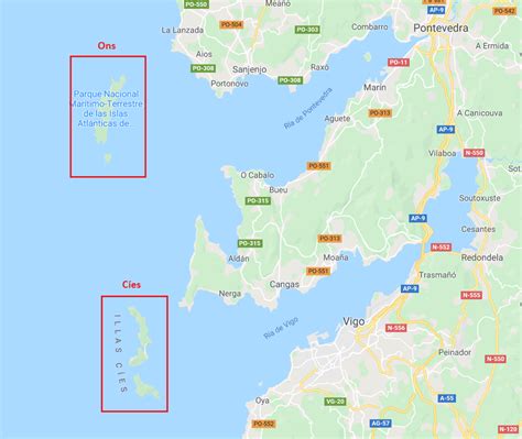 Mapa del archipiélago de las Islas Cíes con sus tres islas principales.