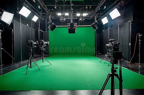 Ilustración de un estudio de filmación con pantalla verde y equipo de iluminación.