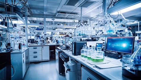 Fotografía de un laboratorio moderno con equipo especializado y personal trabajando.