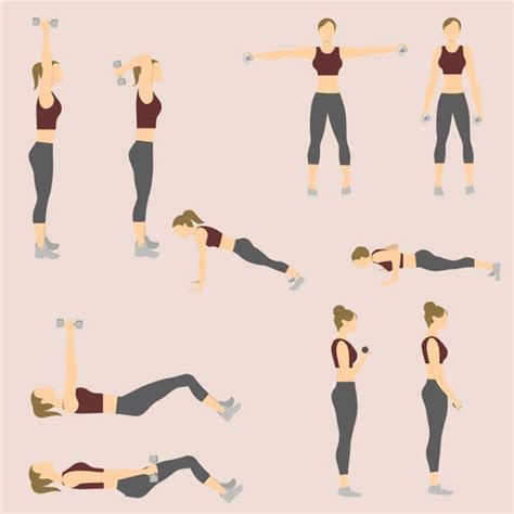 Secuencia de ejercicios para tonificar los brazos: flexiones, bajadas de tríceps, elevaciones laterales y extensiones de tríceps.