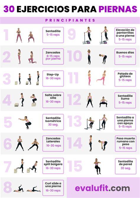 Tabla de ejercicios con ilustraciones claras de cada movimiento para piernas y glúteos.