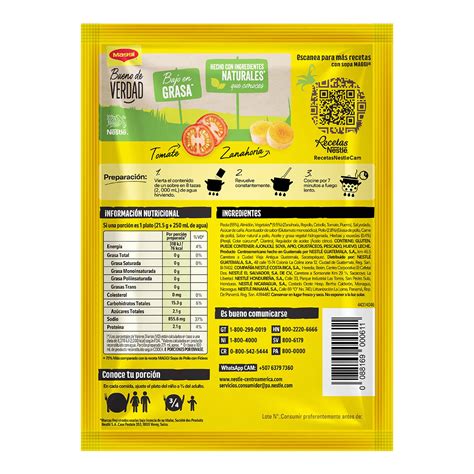etiqueta nutricional de sopa Maggi con énfasis en el contenido de azúcar