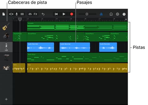 Captura de pantalla de la visualización de pistas en GarageBand, mostrando los controles de volumen, balance y efectos de una pista.