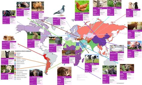 Mapa mundial mostrando las regiones de domesticación de los principales animales productores de leche.