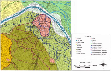 Mapa que muestra la red de acequias de la huerta valenciana y el curso del río Turia.